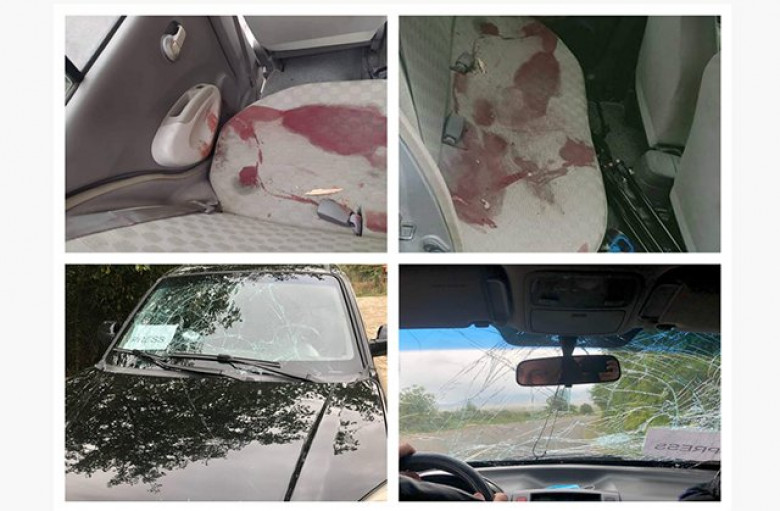 Collage of vehicles carrying journalists, which came under fire in Artsakh