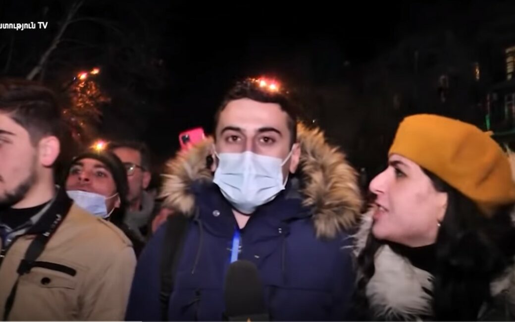 Armenia -- A correspondent and a cameraman of RFE/RL’s Armenian Service were assaulted while covering an opposition demonstration in Yerevan, 23Feb2021