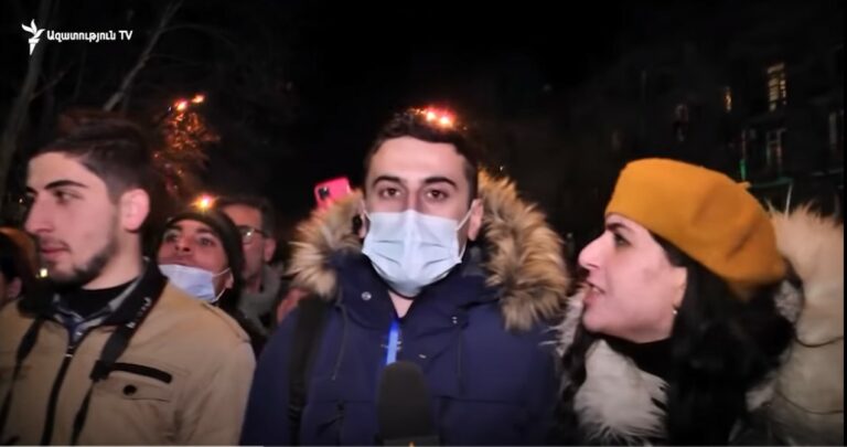 Armenia -- A correspondent and a cameraman of RFE/RL’s Armenian Service were assaulted while covering an opposition demonstration in Yerevan, 23Feb2021