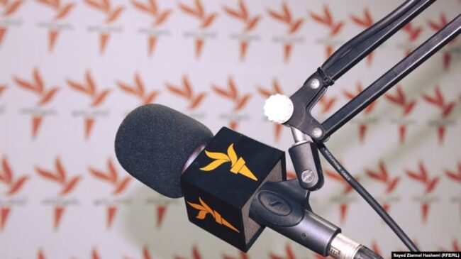 Armenia -- RFE/RL Microphone on a stand, Yerevan, 27Feb2025